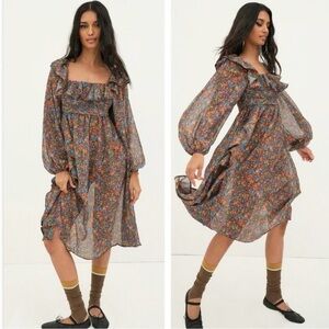 For Love & Lemons Brittany Floral Print Long Sleeve MIDI